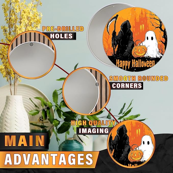 PEACHGARDEN Happy Halloween Round Metal Tin Sign Gothic Decor Vintage Wall Art Retro 8x8inch