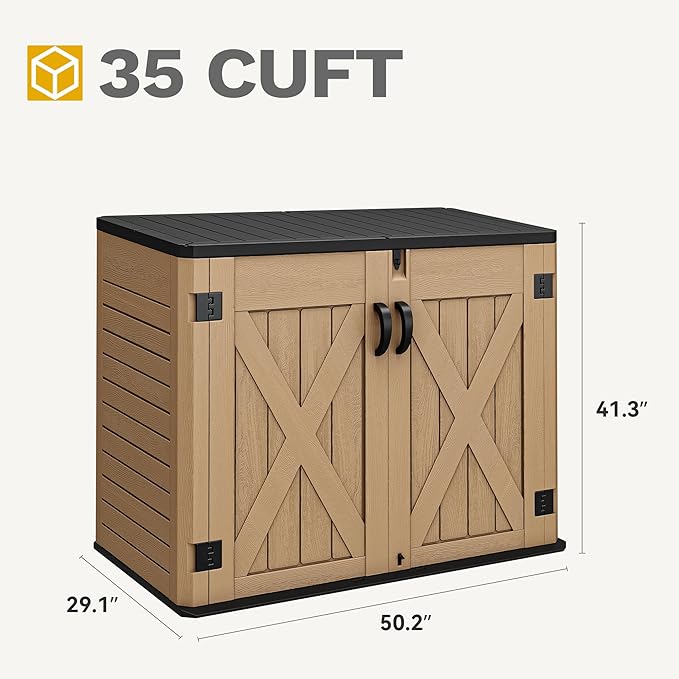 DWVO Outdoor Storage Shed, Weatherproof Resin, 35 Cu Ft Capacity, Horizontal Design, X-Shaped Lockable Door, Suitable for Bike, Garden Tools, Trash Cans, Brown