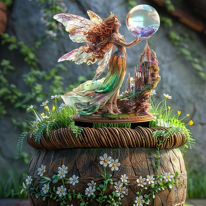 Fairy Garden Stake Decor, 2D Flat Acrylic Fairy Garden Decor Panel, Elf Yard Sign for Outdoor Indoor Yard Lawn Plants Pots, Fairy Garden Accessories (Fairy with Crystal Ball)