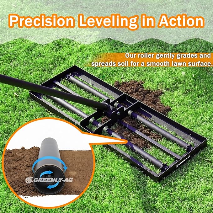 30" Heavy Duty Lawn Leveling Rake, 6.5FT Soil Leveler Tool, with 4 Spiked Wheels & Smooth Roller, Landscaping and Restoration Soil Sand Dirt Surfaces, for Garden Yard Farm Golf Course