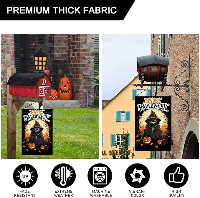 Happy Halloween Garden Flag Black Wizard Cat Flag Ghost Pumpkin Vertical Double Sided Rustic Farmland Burlap Yard Lawn Outdoor Decor 12.5x18"