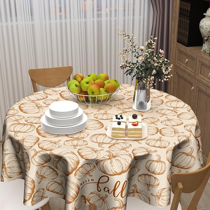 Giwawa Fall Round Tablecloth 60 Inch,Farmhouse Pumpkins Rustic Autumn Reusable Washable Polyester Table Cover for Party Picnic Dinner Indoor Outdoor Use and Seasonal Holiday Decor