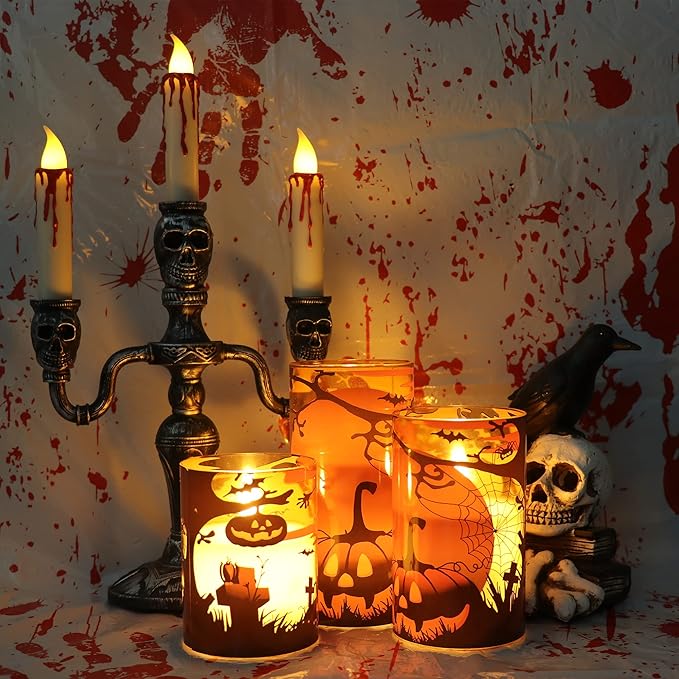 DRomance Pumpkin Glass Flameless Candles with Remote and Timer, Battery Operated Realistic 3D Wick Flickering Real Wax LED Candles Halloween Window Table Holiday Dinner Decor Gifts(3 x 4,5,6 Inches)