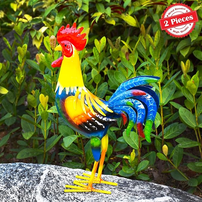 MACLARONX 2 PCS Metal Rooster Yard Art Outdoor Garden Decor Roosters Chicken Statue Decorations for Kitchen Home Lawn Patio, Multicolor