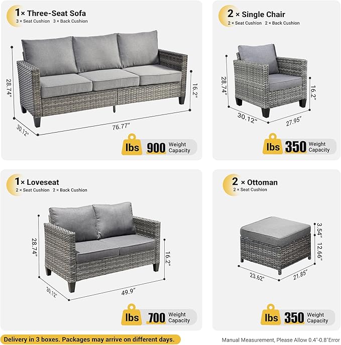 ovios Patio Furniture Set, 6 Pieces Outdoor Wicker Sofa Couch with Loveseat, Ottomans and Comfy Cushions, All Weather High Back Rattan Conversation Set, Dark Grey