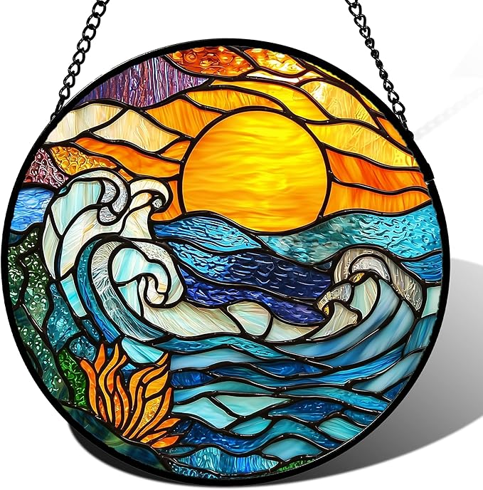 Stained Glass Window Hanging, Orange Sun Blue Sea Waves Landscape Suncatcher for Doors Window Home Sun Catchers Decor Mother's Day Birthday Gifts for Women, Men Mom 9.8 in