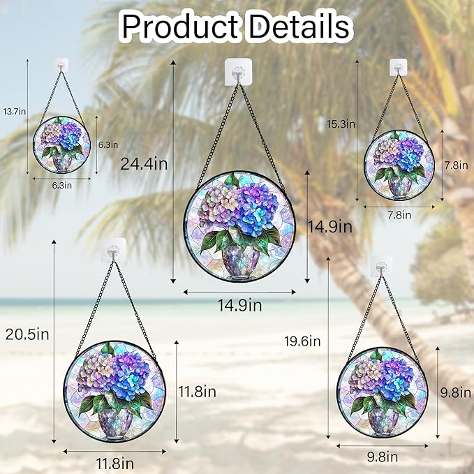 Stained Glass Window Hanging, Blue Purple Hydrangea Flowerpot Suncatcher for Doors Home Sun Catchers Decoration and Christmas, Mother's Day Birthday Gifts for Women, Men, and Mom 9.8 in