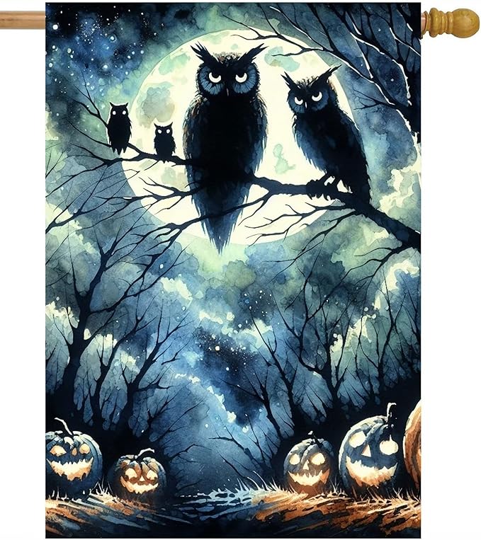 Watercolor Halloween Owl Birds Jack O Lantern Pumpkins Full Moon House Flag 28" x 40" Double Sided Polyester Welcome Large Yard Garden Flag Banners for Patio Lawn Home Outdoor Decor