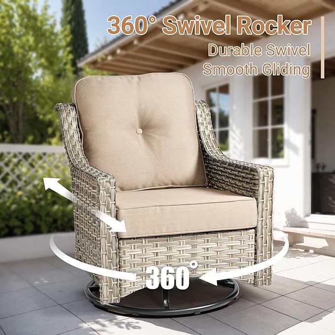 HOOOWOOO Outdoor Patio Furniture Set,8 Pieces Wicker Out Door Sectional Furniture L Shaped Couch,Patio Conversation Sets with Swivel Rocking Chair LED Table,Beige
