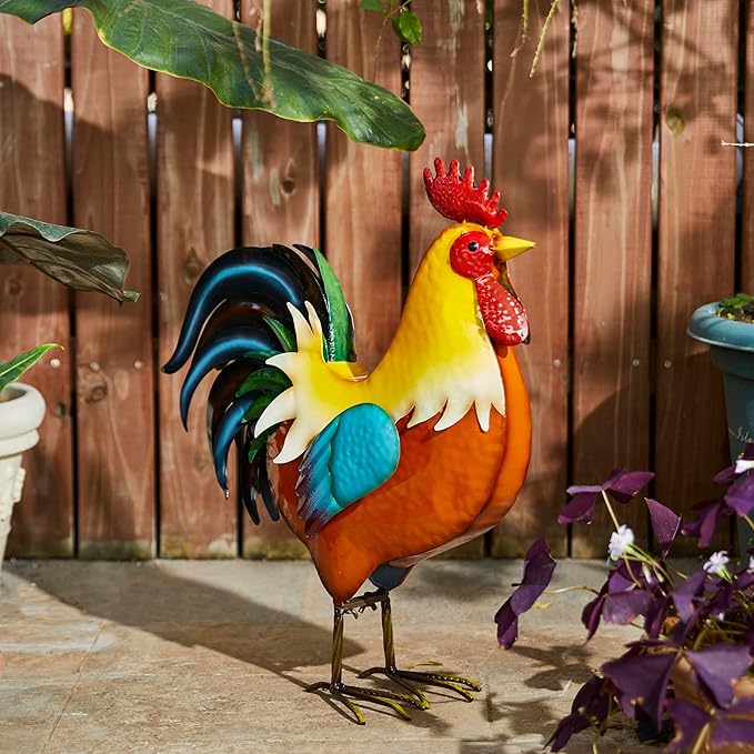 Glitzhome Metal Vibrant Standing Rooster Statue, Rustic Yard Signs 21 Inch Garden Rooster Sculpture for Farm Patio Lawn Porch Home Decor