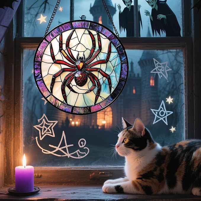 Stained Glass Window Hanging - Halloween Decorations Red Spider Goth Suncatcher for Doors Garden Indoor Funny Spooky Sun Catchers Gothic Decor Horror Gifts for Women Men Friend 11.8 in
