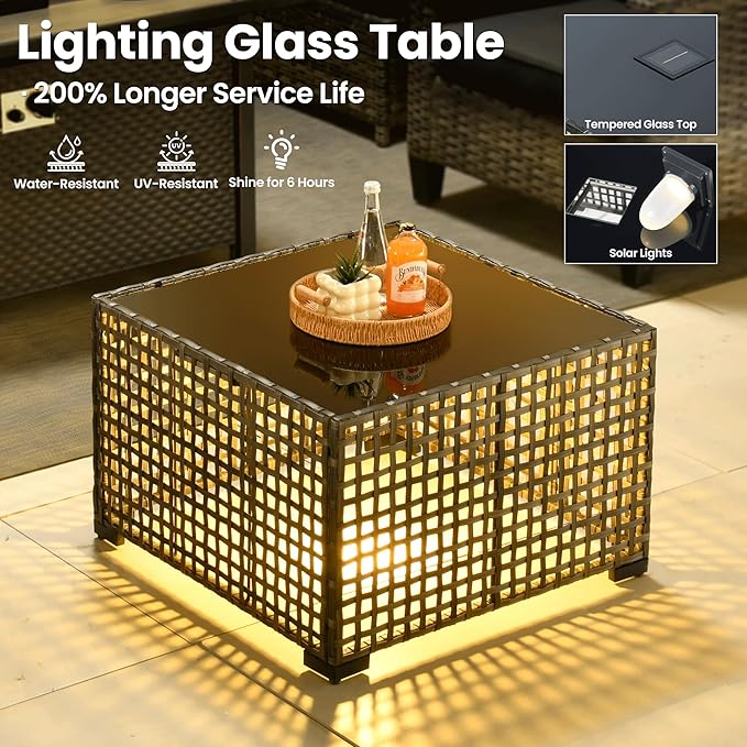 ovios 6 Pieces Patio Furniture Set Outdoor Sofa Couch with Solar Lights Table Comfy Cushions, Modern Deep Seat Wicker Rattan Conversation Set for Porch Deck, Black