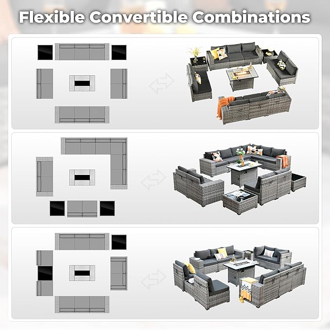 ovios 13 Pieces Patio Furniture Set, Outdoor Wicker Sectional Sofa with 42 Inch Fire Pit Table Comfy Cushions, Modern Modular Deep Seat Rattan Couch Conversation Set, Black