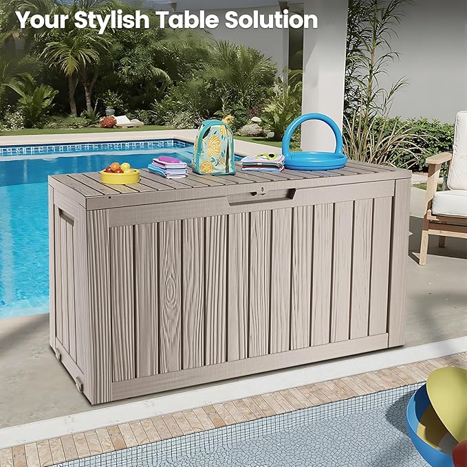 75 Gallon Outdoor Storage Box - Waterproof Resin Deck Box for Patio Cushions & Garden Tools - Lockable Indoor/Outdoor Storage Bin - Stylish Grey Design