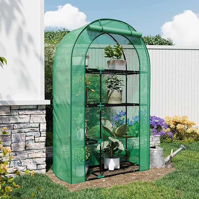 4-Tier Mini Greenhouse, 40 x 18 x 63 inch Steel Frame and PE Cover Plastic Plant Rack Stand Green House with Plant Repotting Mat for Indoor & Outdoor Use (Clear and Green)
