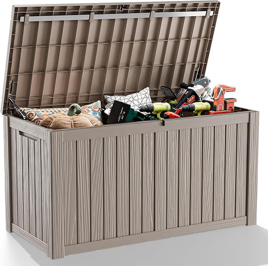 DRATO 150 Gallon Outdoor Storage Box, Large Waterproof Deck Box, Lockable Resin Storage Container with Reinforced Support for Patio Cushions, Garden Tools, UV-Resistant Outdoor Chest（Black）