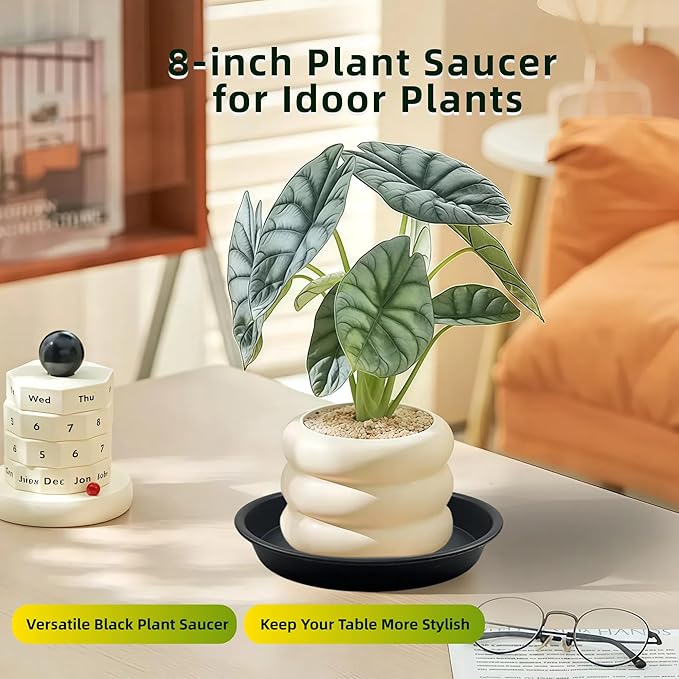 6 Pack 8 Inch Black Plant Saucers, Heavy Duty PP Plastic Plant Trays for Pots, Durable Flower Pot & Planter Saucers, Water Catcher Drip Trays Indoor Outdoor Use