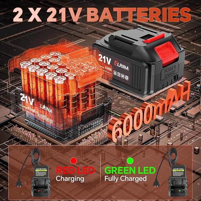 ELRINA Leaf Blower Cordless with 2 x 3.0Ah Batteries and Charger, 6-Speed Mode Lightweight Electric Blowers for Lawn Care, Yard Cleaning, Blowing Leaves, Dust, Snow Green, with Shoulder Straps