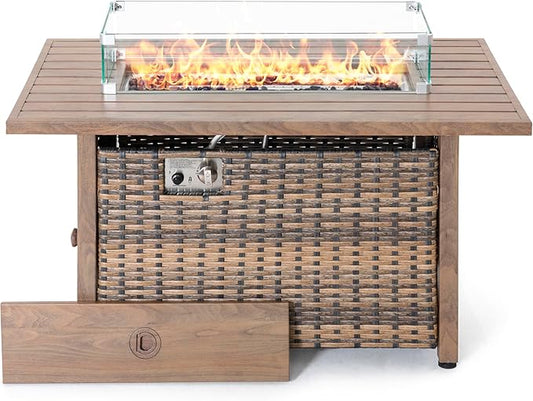 Nuu Garden 43 Inch Propane Fire Pit Table CSA Listed 50000 BTU Gas Fire Pit with Lid Glass Wind Guard Fire Glass Beads 2 in 1 Rectangular Outdoor Fire Table for Backyard Patio Brown