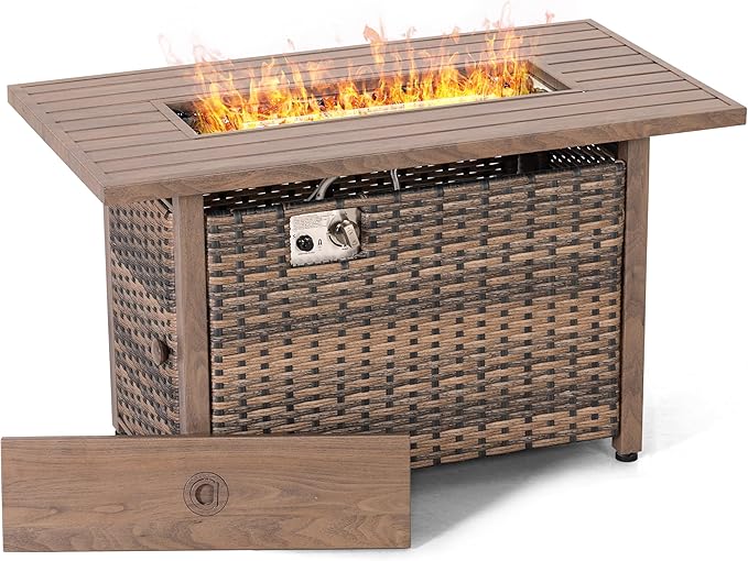 Nuu Garden 43” Propane Fire Pit, CSA-Listed Rattan Outdoor Fire Pit Table, 50,000 BTU Smokeless Gas Fire Table with Lid and Glass Beads, 2-in-1 Rectangular Fire Table for Outside Backyard Patio, Brown