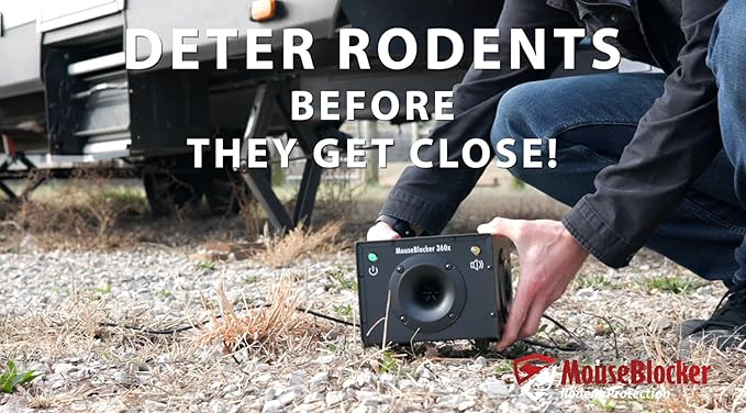 360 Outdoor Rodent Deterrent High Powered, Whisper Quiet Mouse Blocker That Protects up to 1000 sq ft Outside. RV, Camper, Carport, Mobile Home, 5th Wheel and All Vehicles.
