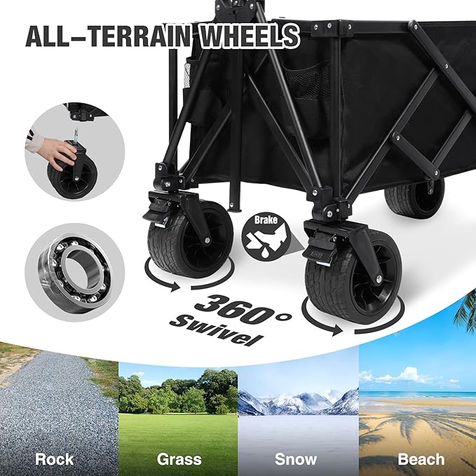 REDCAMP 49" L Extended Collapsible Beach Fishing Cart with Rod Holders, 330LBS Heavy Duty Extra Large Folding Utility Garden Cart with Tailgate and Big All-Terrain Wheels for Grocery, Sport, Fishing