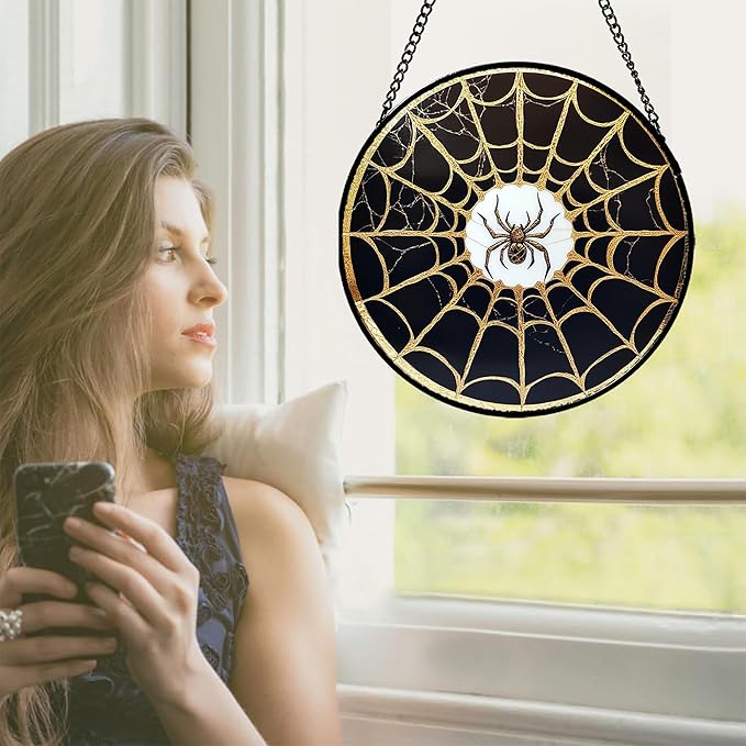 Stained Glass Window Hanging - Black Gold Spider Suncatcher for Door Terrace Garden Home Decor Halloween Sun Catcher Christmas Birthday Gifts for Lovers Women Men Dad Mom Nana 7.8 in