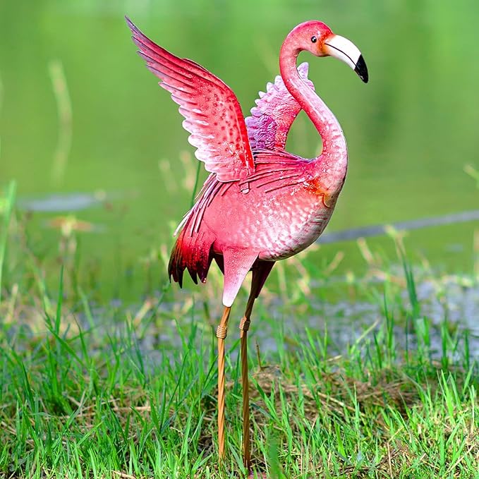 Garden Flamingo Statues and Sculptures, Outdoor Metal Bird Yard Art, Pink Flamingos Lawn Ornament for Patio Backyard Porch Decorations