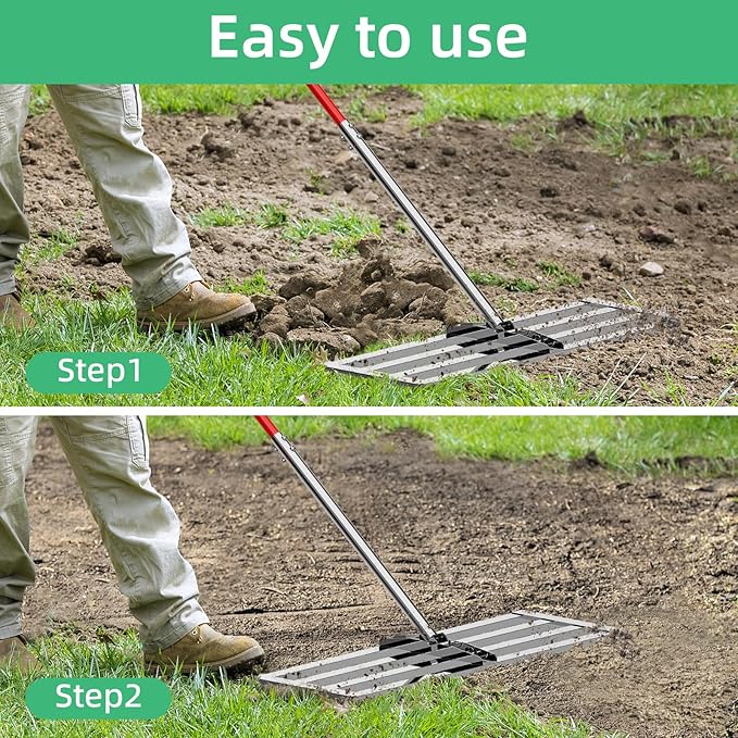 Lawn Leveling Rake 30"x10", Heavy-Duty Stainless Steel Yard Leveling Rake, Professional Soil Leveling Tool for Pastures, Golf Lawns, Gardens, Yards (Silver)