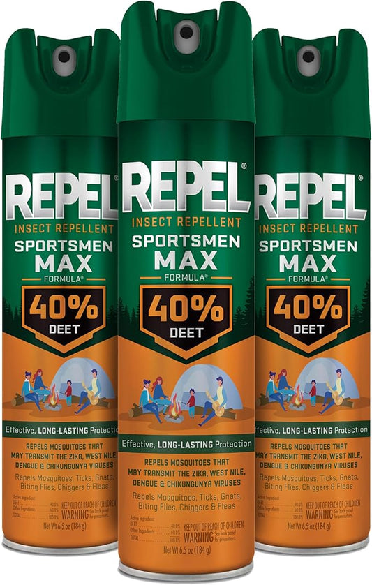 Repel Insect Repellent Sportsmen Max Formula 40% DEET, 6.5 Ounces, Long-Lasting Aerosol Insect Repellent Spray Repels Mosquitoes, Ticks, Gnats, Biting Flies, Chiggers and Fleas, 3 Pack