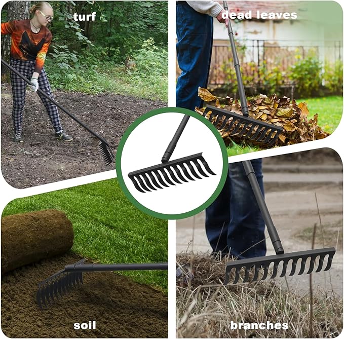 60" Bow Rake 12 Tines Metal Head Rakes with Adjustable Handle, Thatch Rake for Gathering Thatch Loosening Soil Leveling Lawn Farming Land