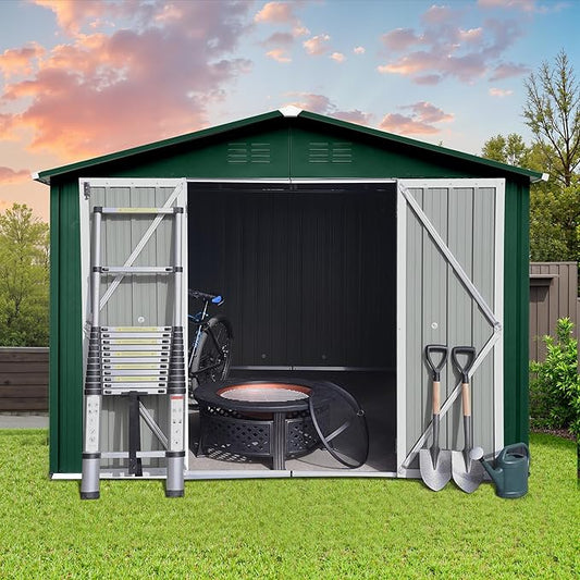 8x10 FT Outdoor Storage Shed, Metal Tool Shed with Lockable Doors, Peaked Roof & Frame Floor, Garden Shed with Vented Design for Backyard Garden Patio Lawn, Green+White