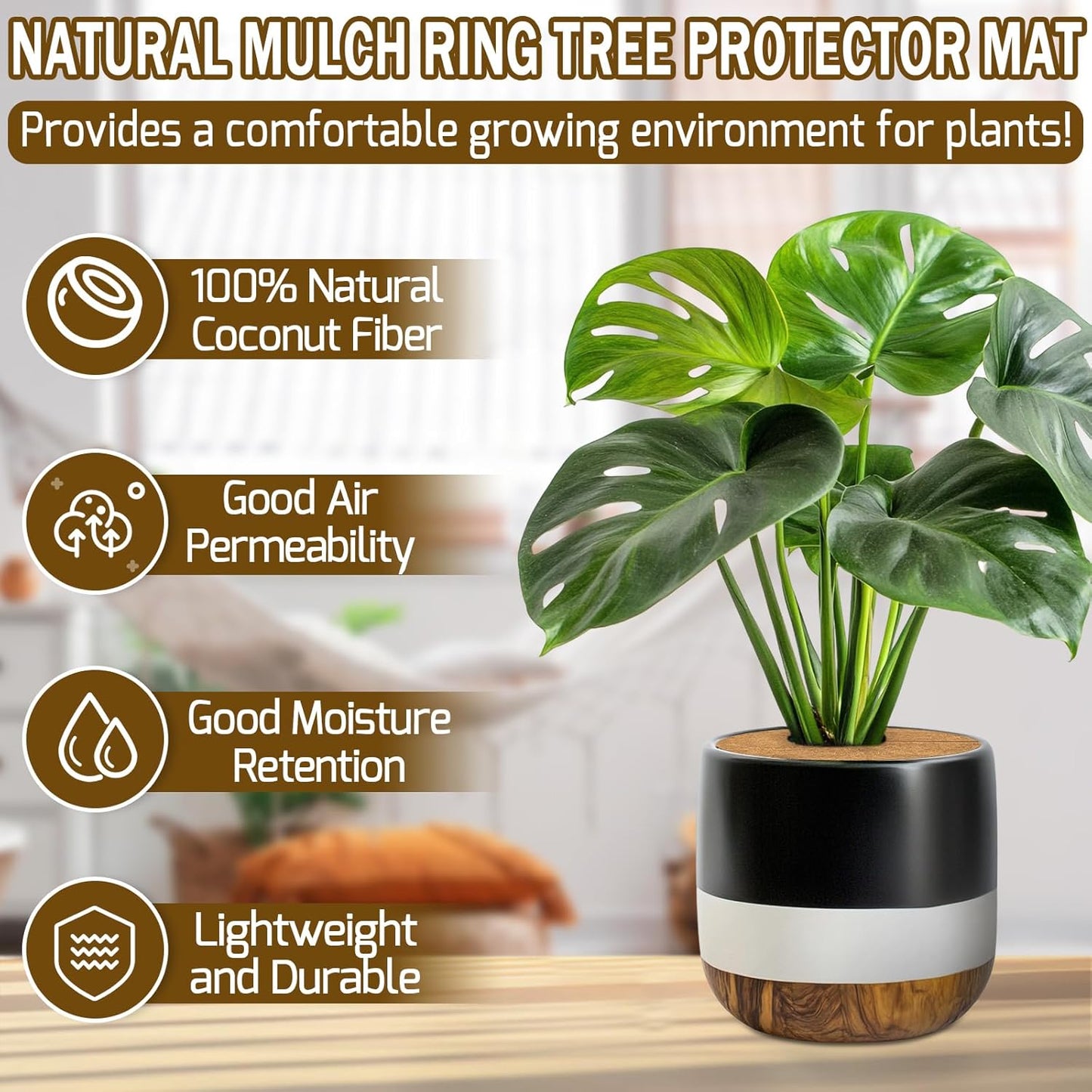 ZeeDix 3 Pack 12 Inch Coconut Fiber Mulch Ring, 100% Natural Coco Coir Tree Ring Mulch Mat Plant Protector Mat, Coconut Coir Discs Plant Pot Soil Cover for Indoor Outdoor Plants, Garden Decoration