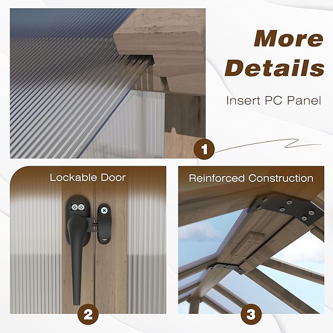 VEIKOU 6' x10' Wood Greenhouse for Outdoors with Lockable Door, Cedar Frame & Adjustable Vent, Wooden Green House with 6MM Thick Polycarbonate Panel for Garden, Yard, Light Brown Mocha