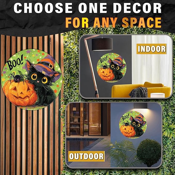 PEACHGARDEN Halloween Black Cat Round Metal Tin Sign Vintage Boo Decor Pumpkin Retro Wall Art Plaque Iron Painting 12x12inch