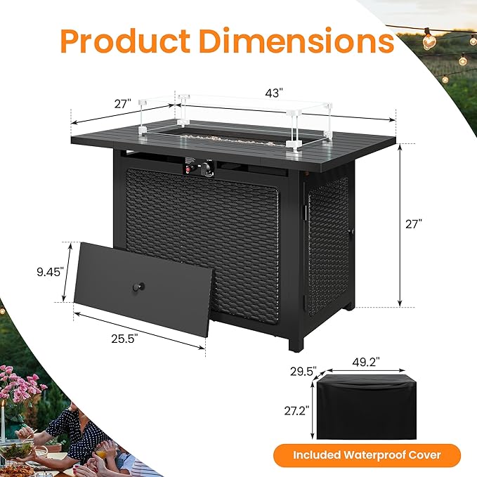 Royalcraft 43” Outdoor Propane Fire Table Set with Heavy-Duty Glass Stones, Glass Wind Guard, Lid & Water-Resistant Cover, 50,000 BTU Metal Fire Pit Table, Rectangle Fire Pit Table for Patio, Deck