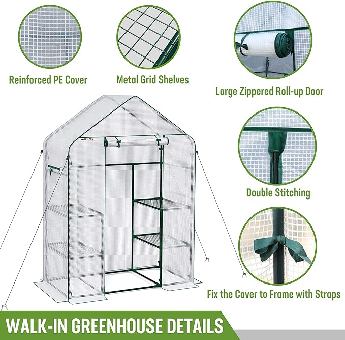 WORKPRO Greenhouse, 56"X 28" X 77" Portable Small Greenhouses for Outdoors & Indoors, Sturdy Green House Kit with Thicken PE Cover, Windows, 3 Tier 4 Shelves for Patio, Backyard, Balcony