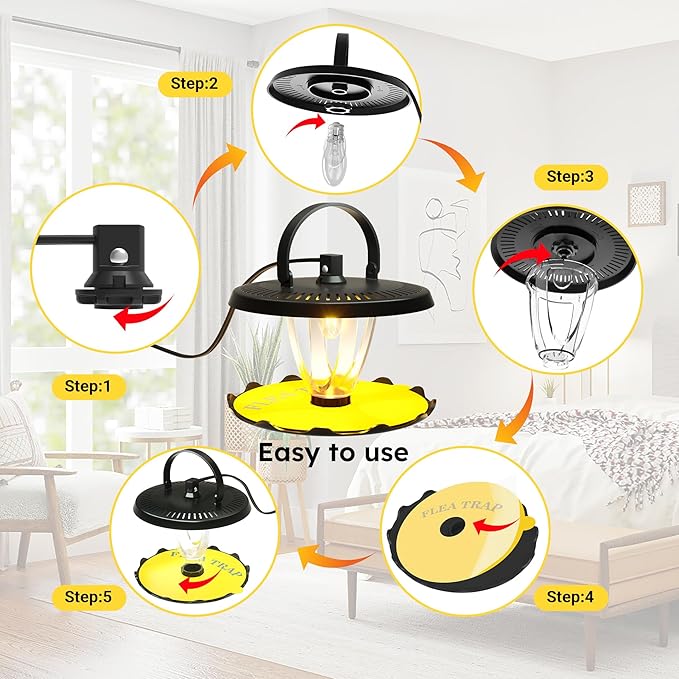 Flea Trap for Inside Your Home Indoor Electric Flea Light Catcher and Kiler for House 2 Pack with 8 Sticky Pads Refills and 4 Replacement Lightbulb