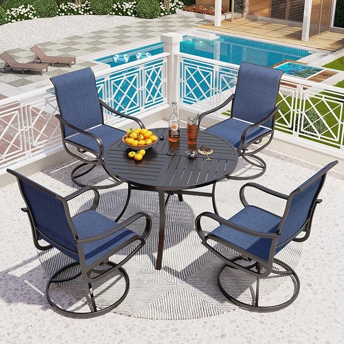 PHI VILLA 5 Piece Patio Dining Set with 4 Outdoor Swivel Dining Chairs & 1 Large Round Dining Table, All Weather Blue Textilene Mesh Fabric Chair and Round Metal Table for Deck Lawn Garden