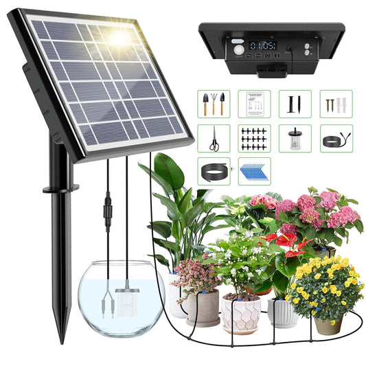 49FT Solar Drip Irrigation Kit with Digital Screen, Auto Watering Kit for 15 Pots, Solar-Powered Plant Watering,434 Timer Modes, 900ml/min Flow Indoor/Outdoor Garden, Balcony & Patio Irrigation System