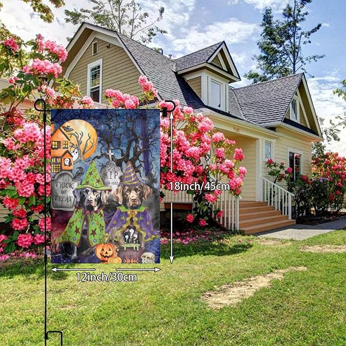 Labrador Dog Halloween Tombstone Scary Pumpkin Garden Flag Welcome Party Outdoor Outside Decorations Picks Home House Garden Yard Decor 12x18 Inch