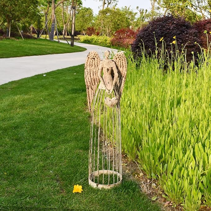 Linfevisi Garden Angel Statue Decor Rustic Metal Angel Sculpture Garden Yard Art Heavenly Home Decor Antiqued Accent Housewarming Gift 2 Pack (Star & Heart)