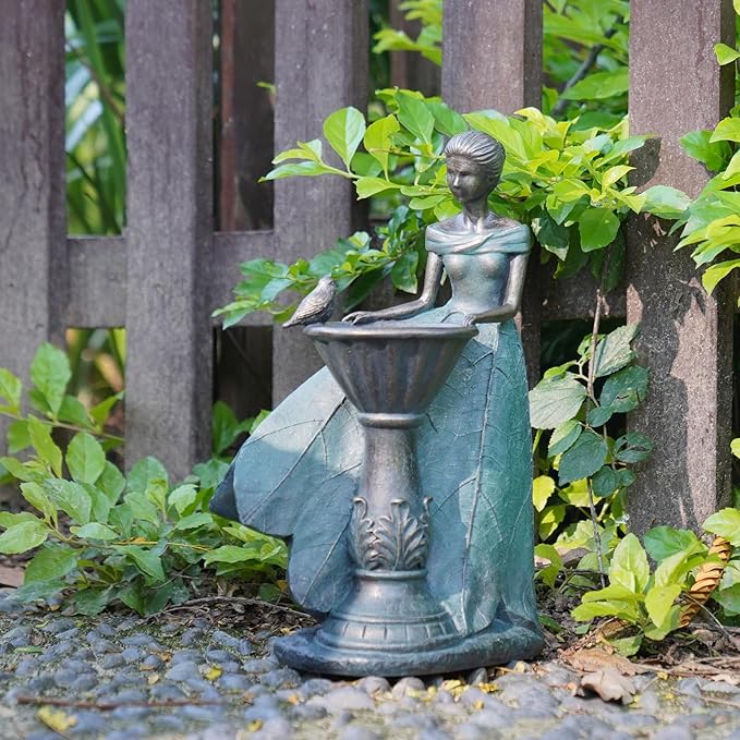 DiliComing Fairy Outdoor-Statues Garden-Decor with Solar - 12 Inch Resin Leaf Girls Birdbath Sculpture Waterproof Outdoor Decor for Patio/Yard, Unique Bird Feeder Figurines Home Decor Gifts for Women