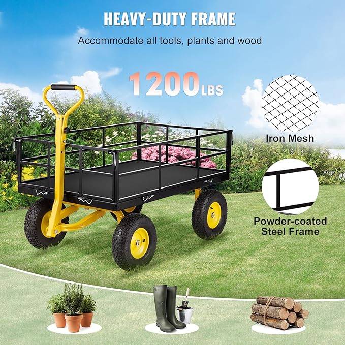 VEVOR Steel Garden Cart, Heavy Duty 1200 lbs Capacity, with Removable Mesh Sides to Convert into Flatbed, Utility Metal Wagon with 2-in-1 Handle and 13 in Tires, Perfect for Garden, Farm, Yard