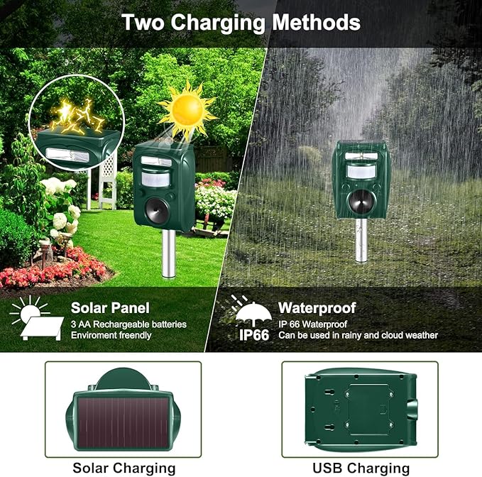Cat Repeller Outdoor - Ultrasonic Animal Repeller Solar Powered - Waterproof Squirrel Repellent,Raccoon Deterrent with Motion Activated,Repels Dog,Rabbit,Fox,Bird for Farm Yard Protection
