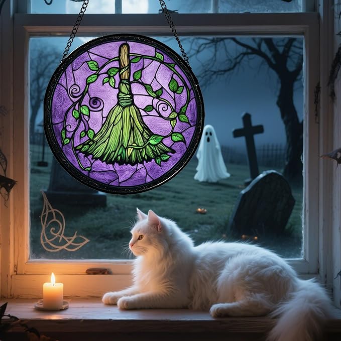 Stained Glass Window Hanging - Halloween Decorations Witch Magic Broom Suncatcher for Doors Garden Indoor Funny Spooky Sun Catchers Gothic Decor Horror Gifts for Women Men Friend 11.8 in
