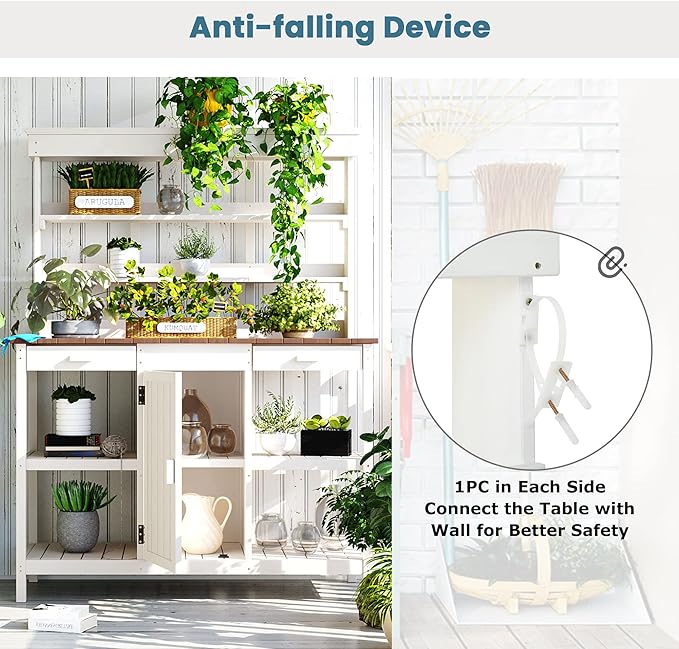 Merax 66" Large Outdoor Farmhouse Wooden Potting Bench Table, Garden Workstation with 2 Drawers, Cabinet, and Open Shelves for Backyard, Mudroom, White