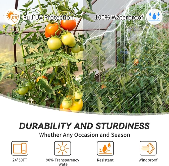 24x50 FT Clear Greenhouse Film Plastic Sheeting, Greenhouse Polyethylene Plastic Film 6 mil Thickness Replacement Cover, UV Resistant, Plant Covers Freeze Protection for Windproof Frost& Dust Proof