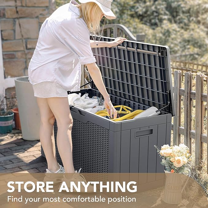 Devoko 100 Gallon Waterproof Large Resin Deck Box Indoor Outdoor Lockable Storage Container for Patio Furniture Cushions Garden Tools (100 Gallon, Grey)