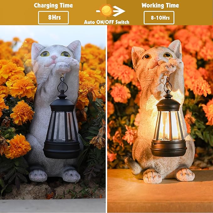 Solar Cat Garden Statue: Outdoor Cat Statues for Garden with Lights for Yard Art Lawn Ornaments Porch Patio Balcony Home House - Gardening Gifts for Women Grandma Mom